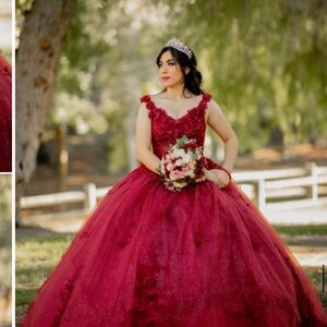 Glamorous Red Ball Gown with Floral Accents Quinceañera dress/ prom dress